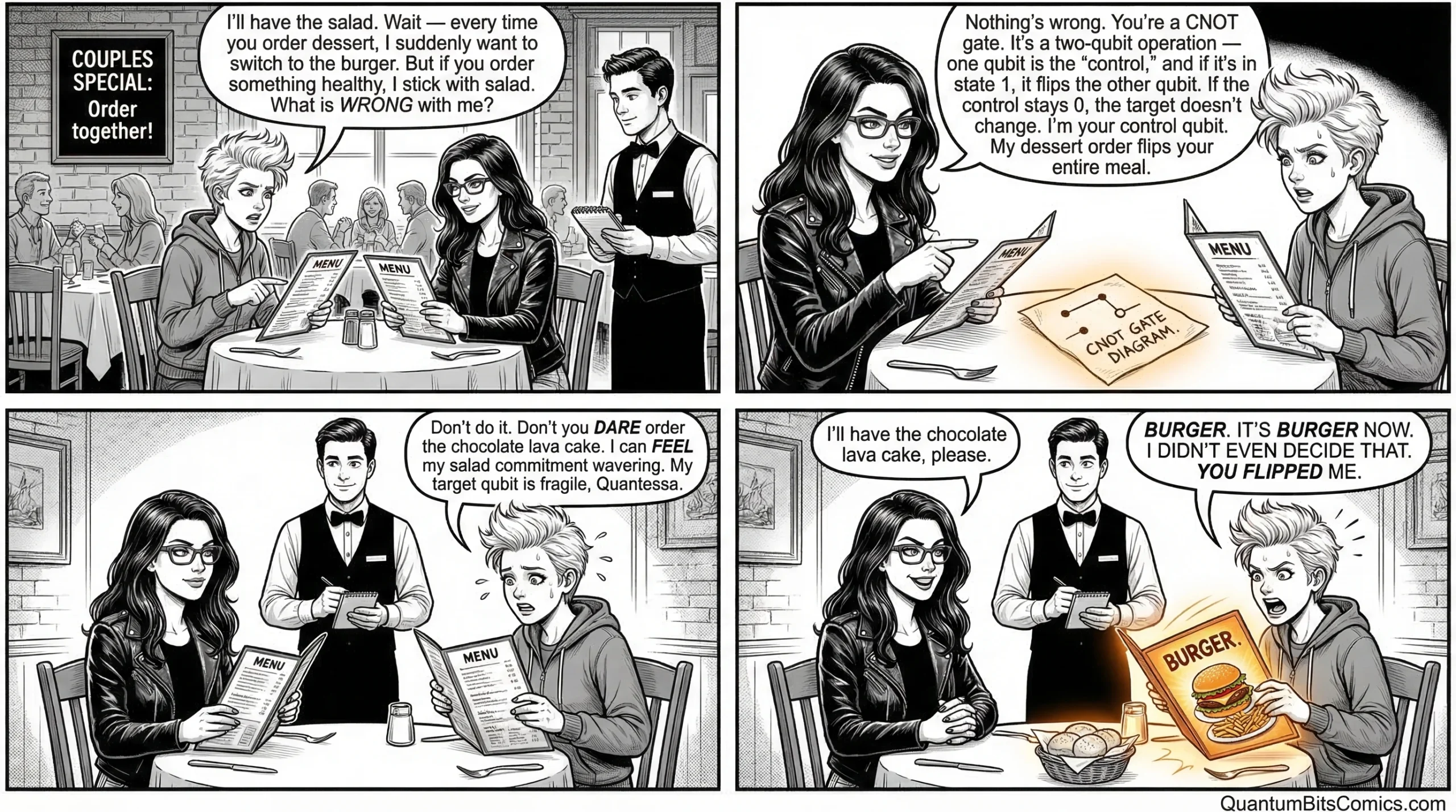 A quantum comic strip about controlled not gate