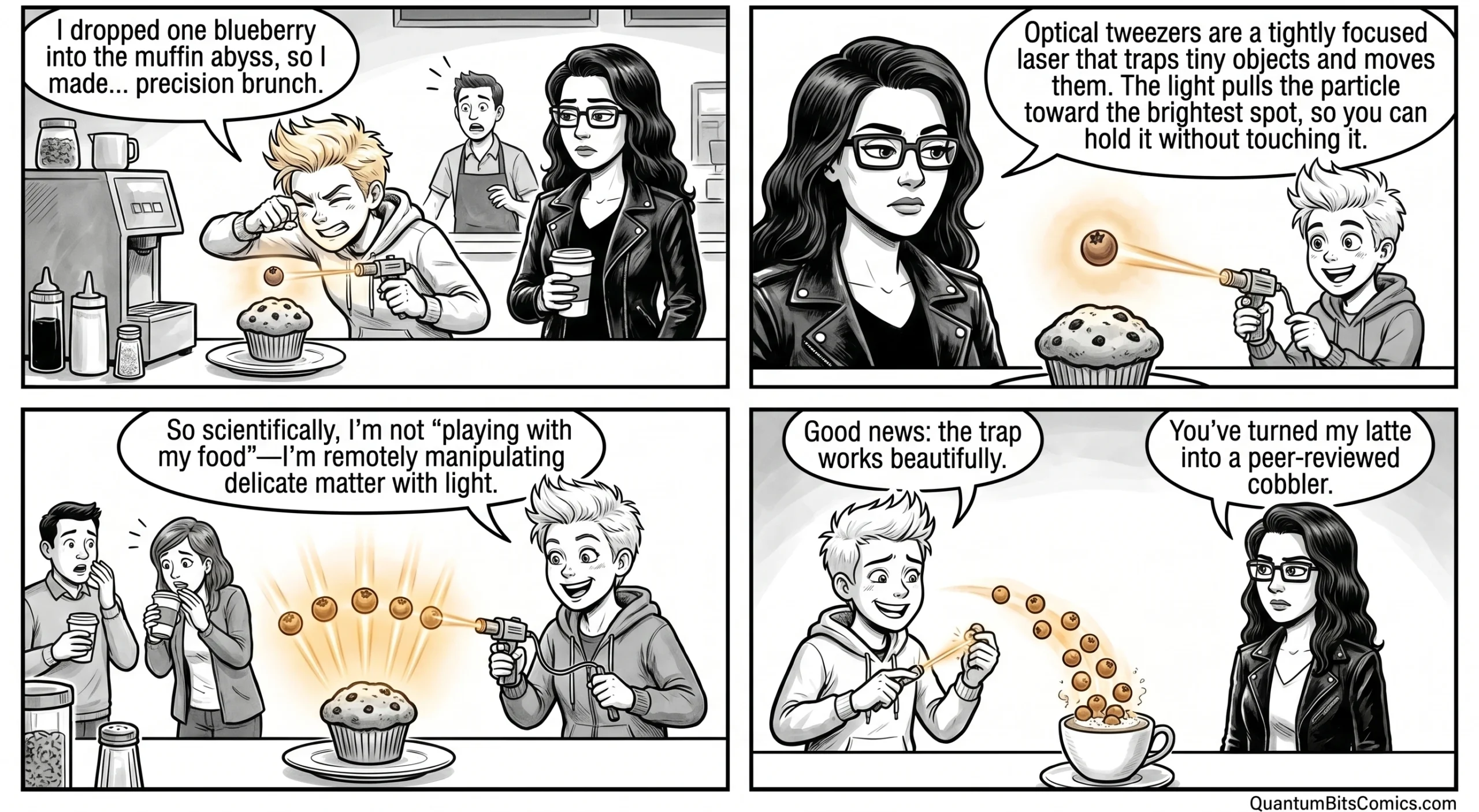 A quantum comic strip about optical tweezers