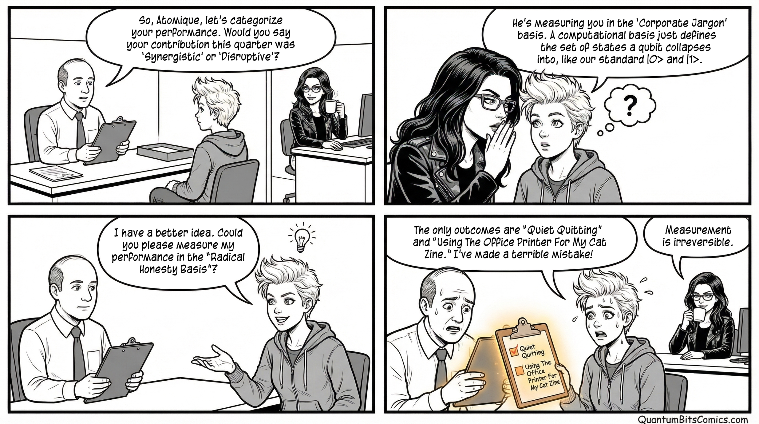 A quantum comic strip about computational basis